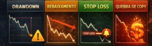 Gráfico de perdas no copy trading mostrando drawdown, rebaixamento, stop loss e quebra de copy.