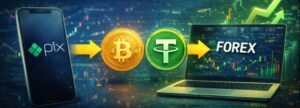 Fluxo de depósito em corretora Forex usando PIX, conversão para USDT e envio por criptomoeda.