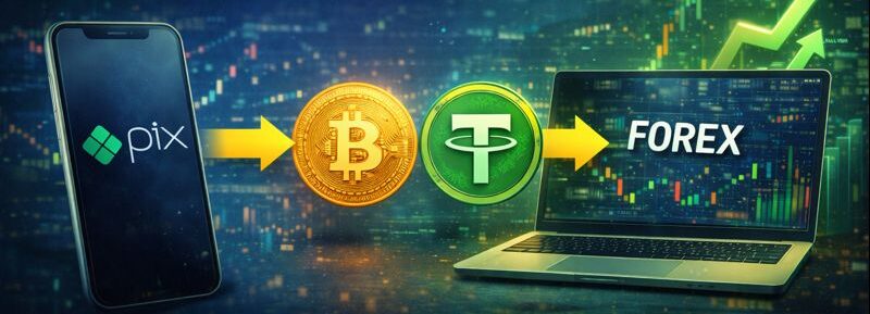 Fluxo de depósito em corretora Forex usando PIX, conversão para USDT e envio por criptomoeda.