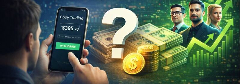 Investidor usando celular para sacar dinheiro no copy trading com gráficos financeiros e símbolo de interrogação ao fundo.