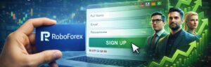 Tela de cadastro da RoboForex com cartão da corretora e traders ao fundo, representando criação de conta para copy trade.