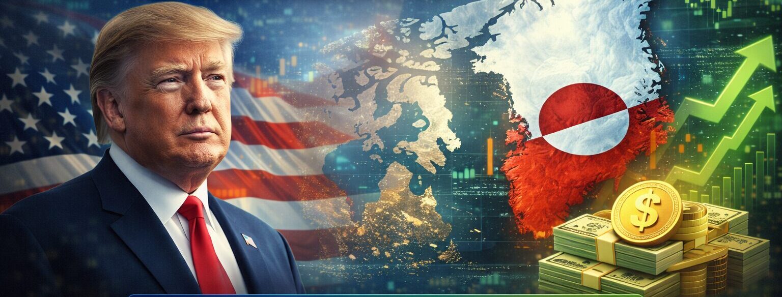 Donald Trump ao lado do mapa da Groenlândia e gráficos financeiros representando impactos no mercado global