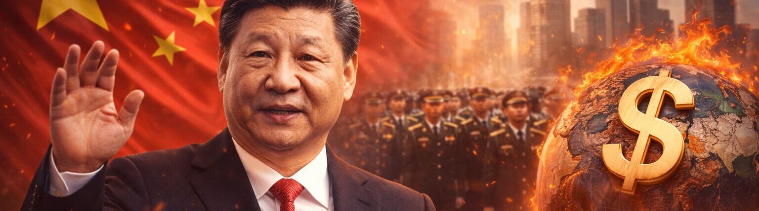 Líder chinês em destaque com expressão firme, enquanto o símbolo do dólar aparece em chamas ao fundo em cenário geopolítico dramático.