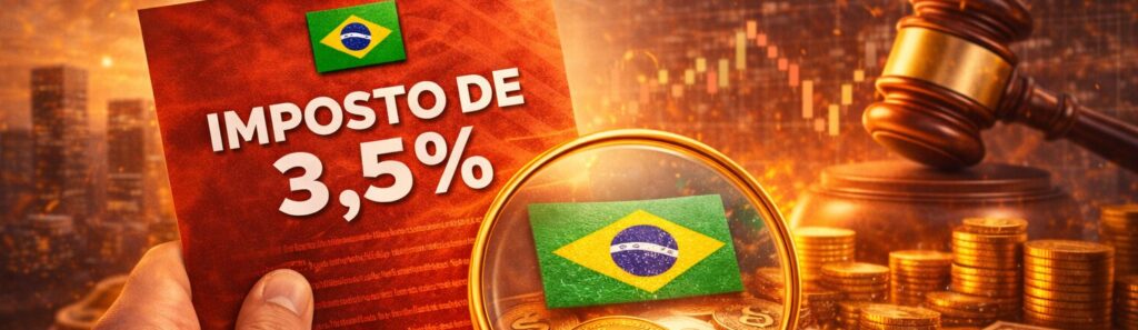 Moedas digitais e gráficos financeiros sobrepostos a um carimbo simbólico de imposto em ambiente institucional.