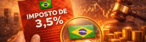 Moedas digitais e gráficos financeiros sobrepostos a um carimbo simbólico de imposto em ambiente institucional.
