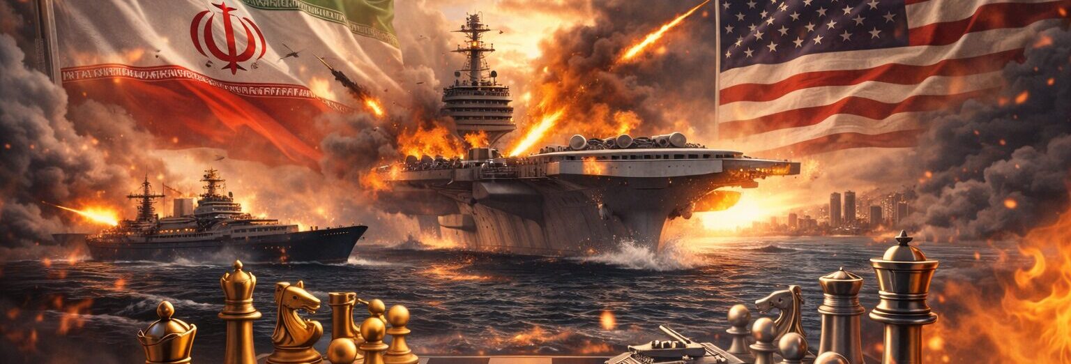 Mapa marítimo com navios militares posicionados estrategicamente próximo ao estreito, sob atmosfera tensa e dramática.