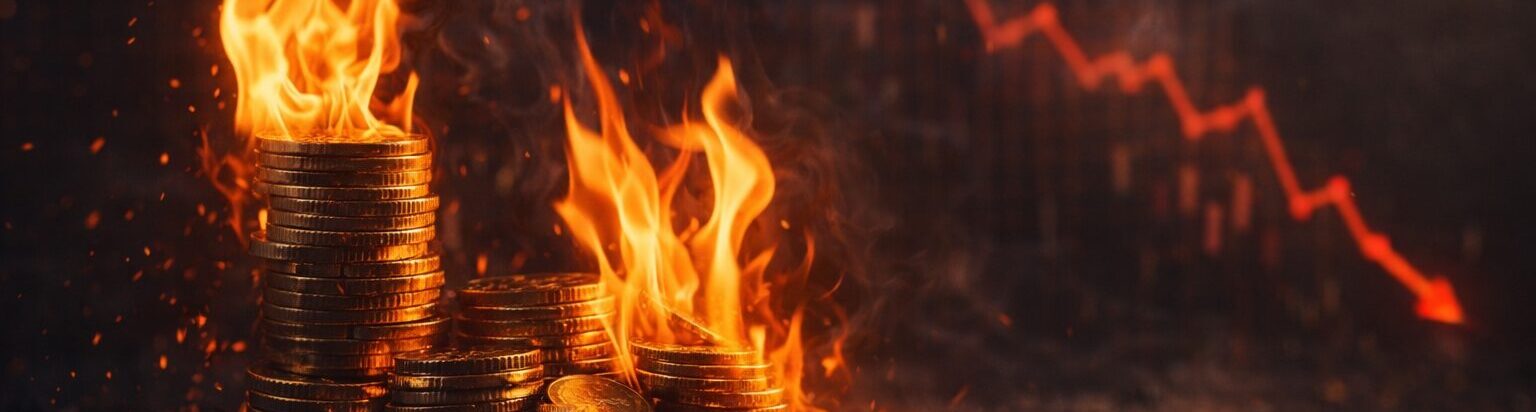 Pilhas de barras de ouro em chamas simbolizando estratégias financeiras de alto risco que parecem lucrativas, mas podem destruir contas no mercado financeiro.