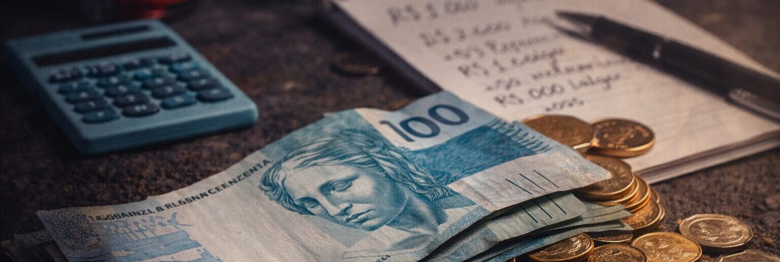 Imagem com dinheiro, cálculos e despesas do dia a dia, representando o controle financeiro, orçamento mensal e a realidade dos custos na vida do investidor.