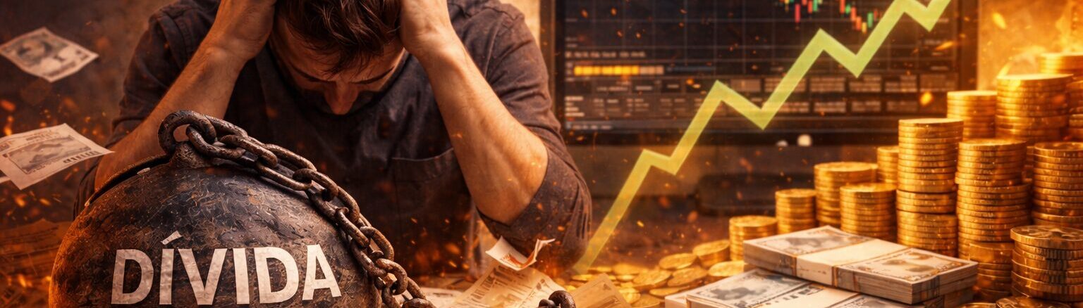 Pessoa sentada com expressão preocupada enquanto segura papéis e contas, sob iluminação escura e clima tenso.