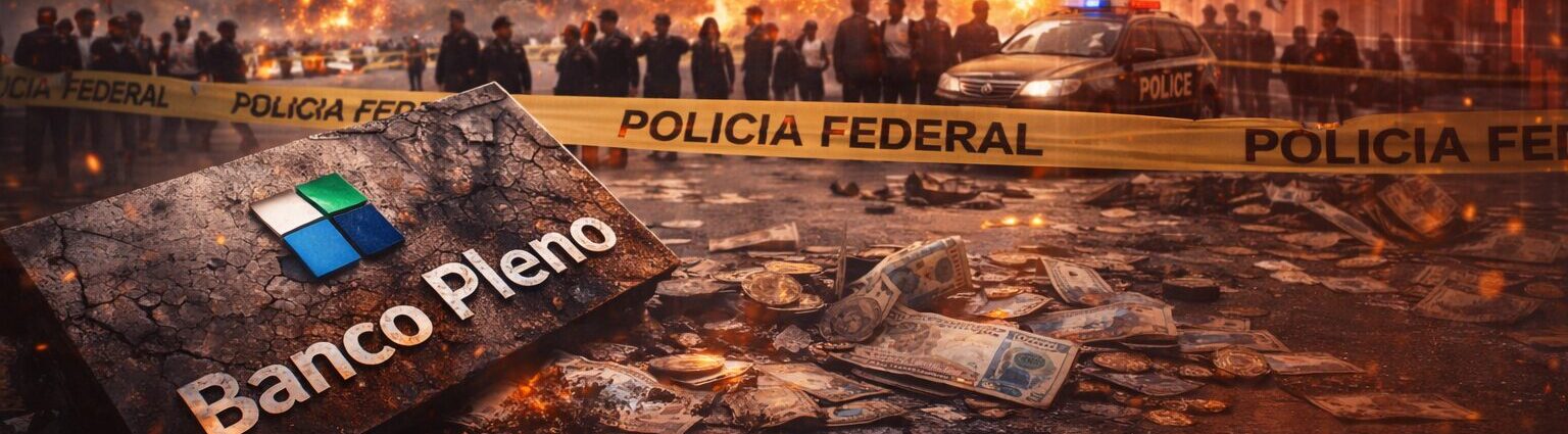 Fachada de banco fechada com portas lacradas e clima sombrio, enquanto gráficos financeiros em queda aparecem ao fundo.