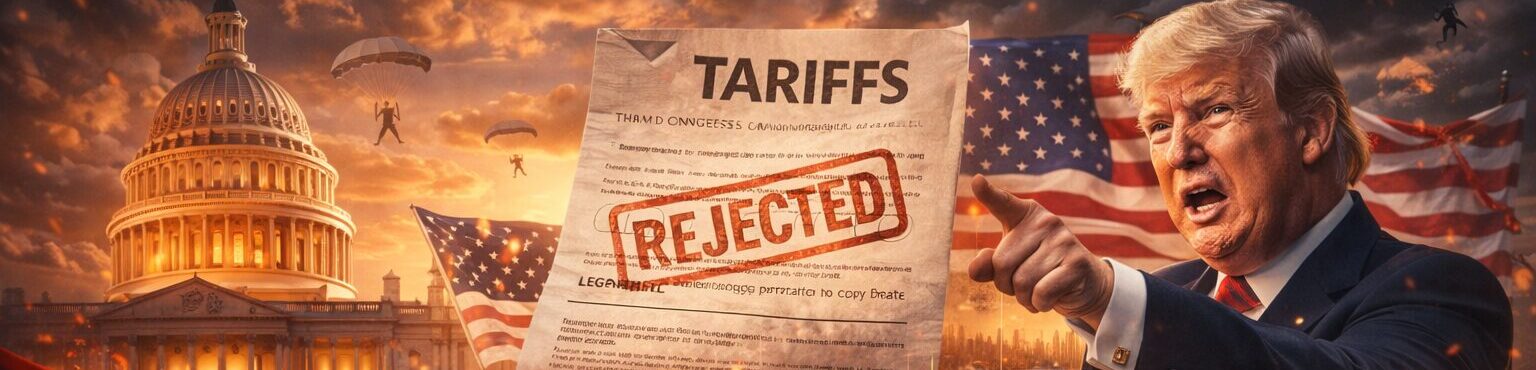 Ilustração mostrando o Capitólio dos EUA ao fundo, gráfico financeiro em queda e documento de tarifas rejeitado, simbolizando impacto político no mercado.
