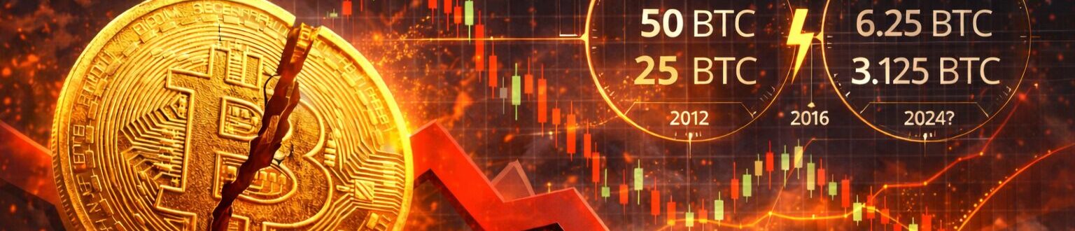 Moeda de Bitcoin rachada ao centro com uma grande seta vermelha apontando para baixo, gráfico de velas em queda ao fundo, elementos que remetem ao halving e mineração, em um cenário intenso com tons de vermelho e laranja representando forte desvalorização do mercado.