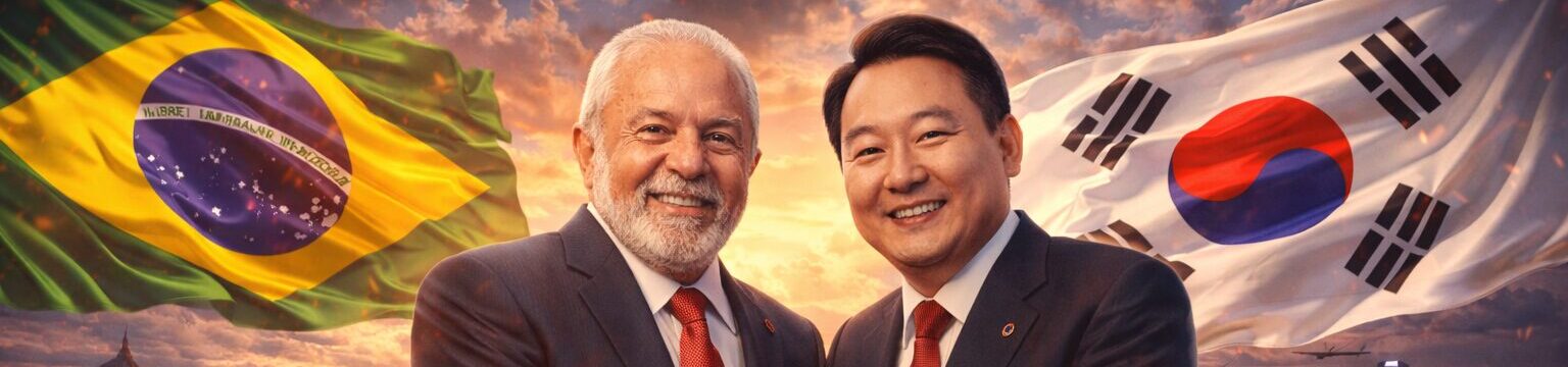 Presidentes do Brasil e da Coreia do Sul apertam as mãos diante das bandeiras dos dois países, com elementos de comércio internacional, moedas e gráficos financeiros ao fundo representando parceria estratégica e impactos no mercado.
