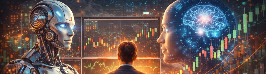 Ilustração digital mostrando um investidor diante de múltiplas telas com gráficos financeiros, ao lado de um robô futurista e um cérebro digital iluminado, simbolizando o uso de inteligência artificial no mercado financeiro.
