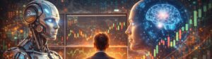 Ilustração digital mostrando um investidor diante de múltiplas telas com gráficos financeiros, ao lado de um robô futurista e um cérebro digital iluminado, simbolizando o uso de inteligência artificial no mercado financeiro.
