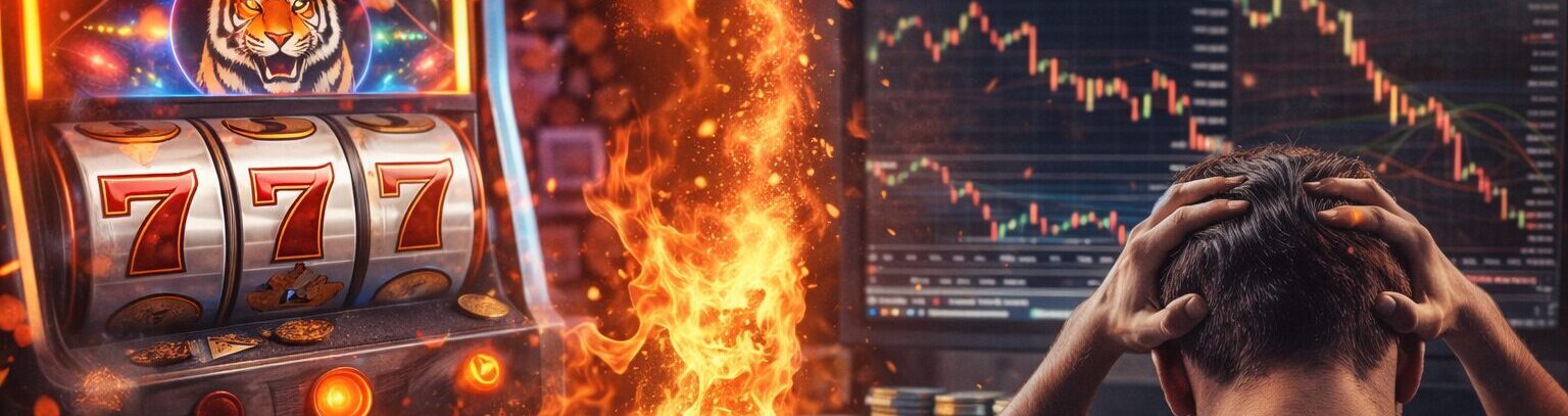 Mesa de jogo com dados e fichas misturados a gráficos financeiros voláteis em fundo escuro.