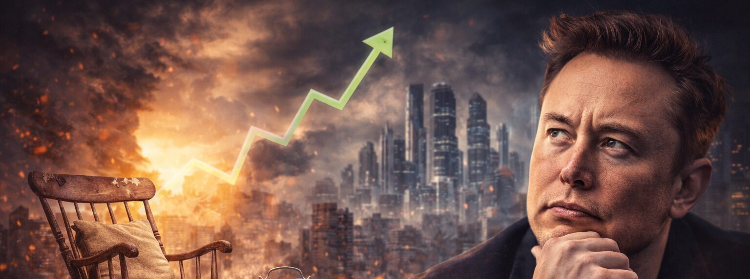 Homem observando um horizonte urbano futurista ao entardecer, com expressão pensativa e atmosfera introspectiva.