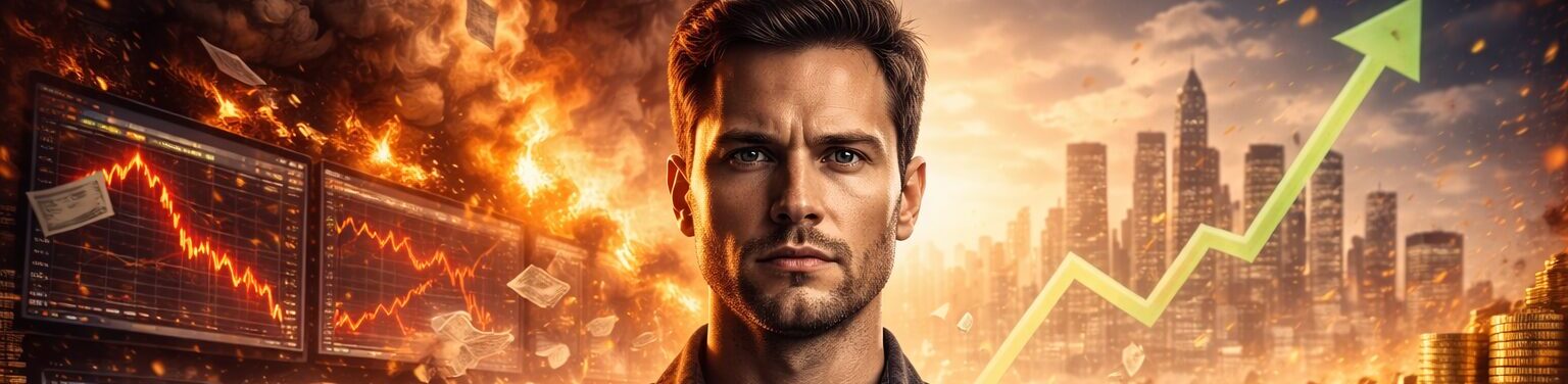 Gráfico financeiro em forte tendência de alta com arranha-céus ao fundo e luz dourada simbolizando crescimento econômico.