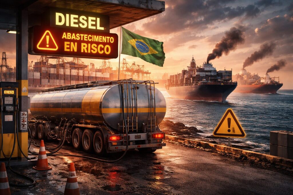 Caminhão-tanque de diesel parado em porto brasileiro com navios cargueiros ao fundo e cenário indicando risco de desabastecimento.