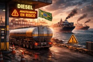 Caminhão-tanque de diesel parado em porto brasileiro com navios cargueiros ao fundo e cenário indicando risco de desabastecimento.