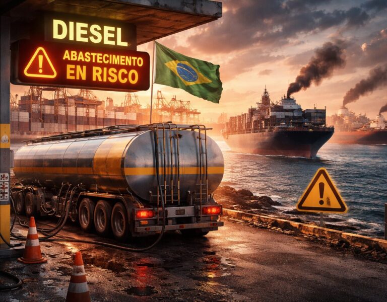 Caminhão-tanque de diesel parado em porto brasileiro com navios cargueiros ao fundo e cenário indicando risco de desabastecimento.