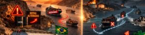 Cena dividida mostrando navios petroleiros em região de conflito com presença militar, fogo e fumaça, representando tensão no fornecimento global de petróleo.