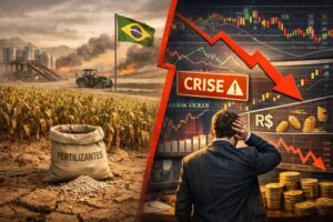 Campo agrícola seco com saco de fertilizantes em destaque e, ao lado, cenário de mercado financeiro com gráfico em queda e investidor preocupado.