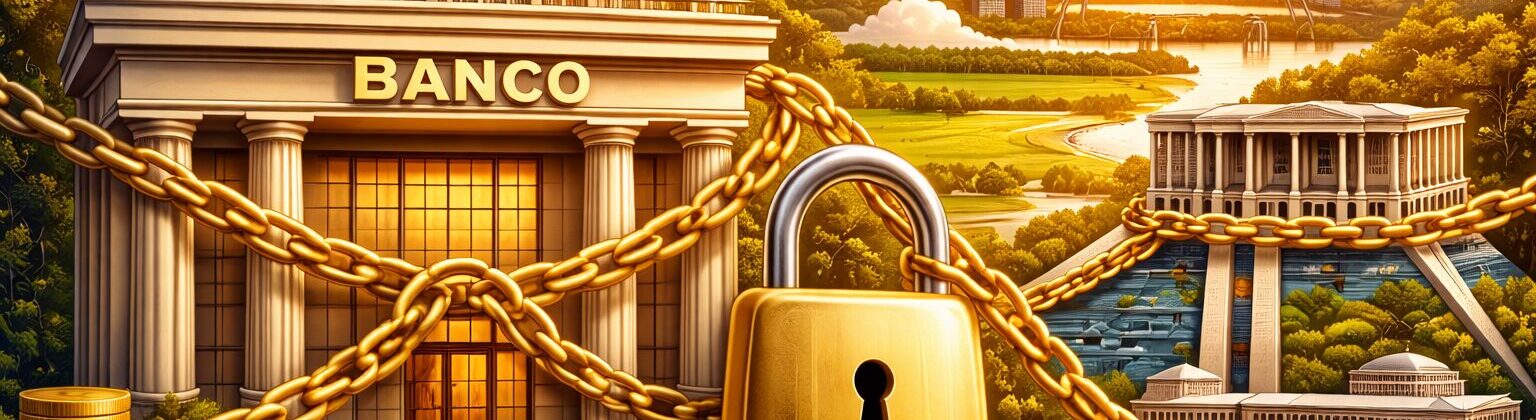 Ilustração mostrando um banco cercado por correntes e um cadeado ligado a prédios públicos e pilhas de dinheiro, simbolizando imóveis públicos usados como garantia financeira.