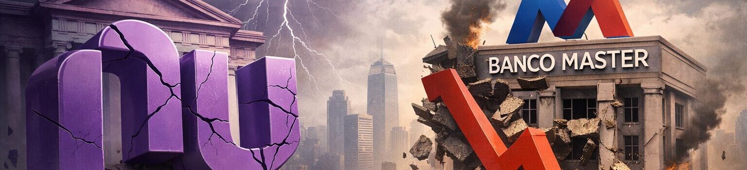 Ilustração de cenário financeiro em crise mostrando o logo roxo do Nubank rachado sobre um solo quebrado e, do outro lado, um prédio do Banco Master desmoronando com uma grande seta vermelha apontando para baixo, simbolizando queda financeira.
