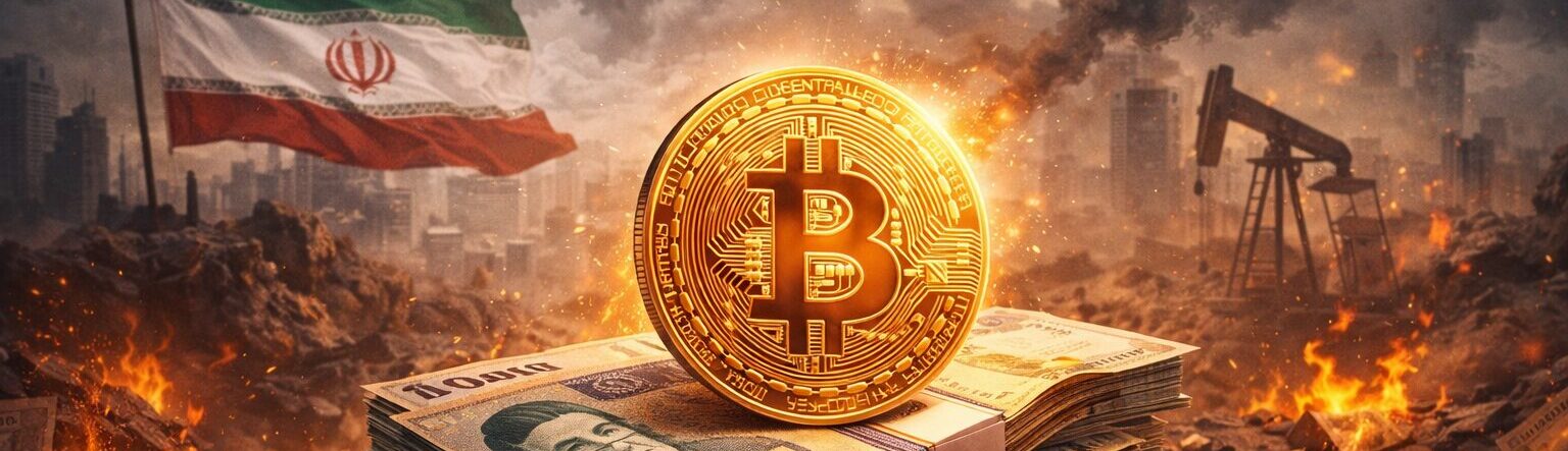 Ilustração de um Bitcoin dourado sobre pilhas de notas de rial iraniano em um cenário de crise econômica, com fogo, fumaça, bandeira do Irã ao fundo e uma bomba de petróleo em um ambiente urbano destruído.