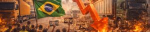 Caminhoneiros em greve bloqueando uma rodovia com bandeira do Brasil, caminhões parados, protesto com cartazes e uma seta vermelha apontando para baixo simbolizando impacto negativo na economia.