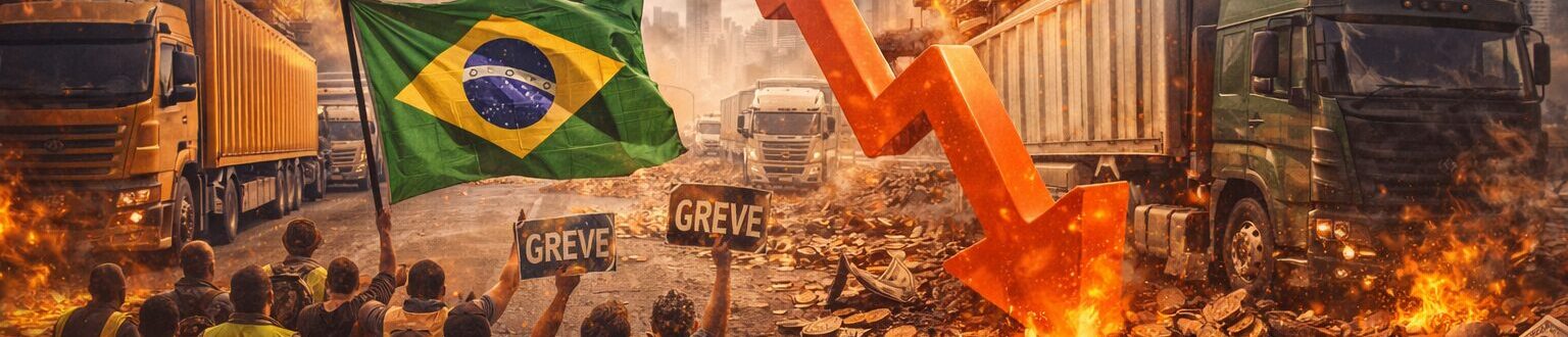 Caminhoneiros em greve bloqueando uma rodovia com bandeira do Brasil, caminhões parados, protesto com cartazes e uma seta vermelha apontando para baixo simbolizando impacto negativo na economia.