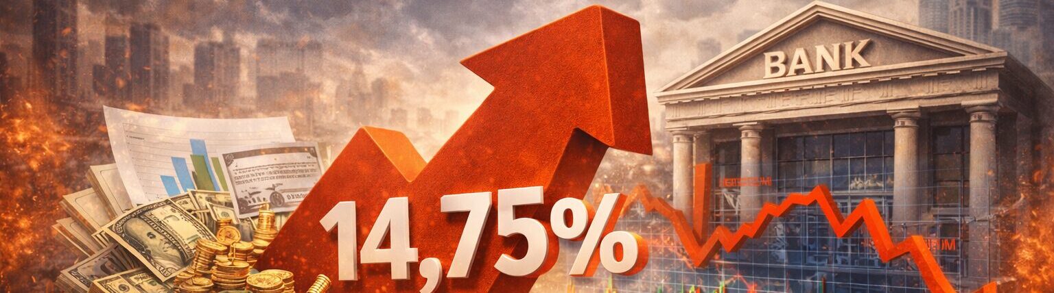 Ilustração de taxa de juros em 14,75% representada por uma seta vermelha para cima, com dinheiro, moedas, cofre, calculadora e um cofrinho, além de um gráfico financeiro em queda ao fundo.