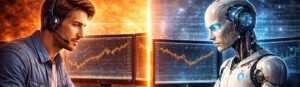 Imagem dividida mostrando de um lado um trader humano analisando gráficos no computador e, do outro, um robô operando com dados financeiros, ambos em ambientes distintos.