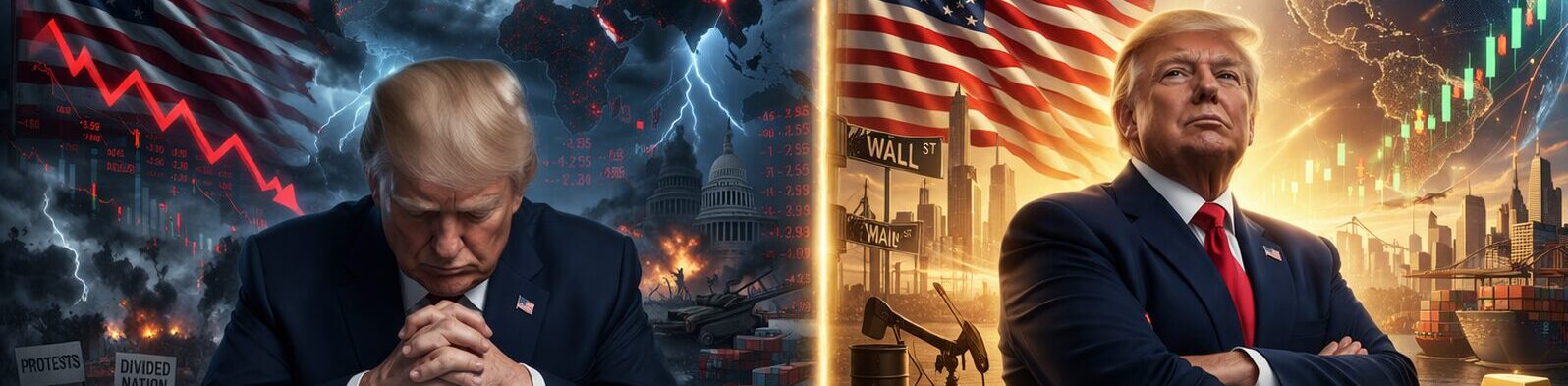 Imagem dividida com dois cenários globais: um lado mostrando crise econômica, destruição e queda de mercados, e o outro mostrando crescimento, cooperação internacional e alta financeira.