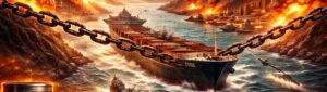 Ilustração digital mostrando um navio petroleiro bloqueado por uma grande corrente no Estreito de Ormuz, cercado por navios militares e explosões ao fundo, com barris de petróleo, moedas, gráfico financeiro e smartphone exibindo volatilidade no mercado.