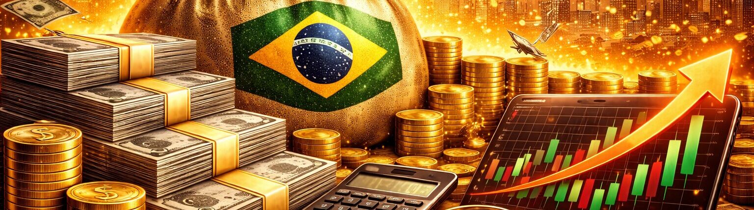 Ilustração financeira mostrando grande volume de dinheiro, moedas de ouro, gráfico de alta em tablet, calculadora e símbolo do Brasil ao fundo, representando arrecadação recorde e impacto no mercado.