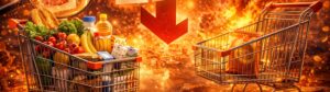 Ilustração mostrando dois carrinhos de supermercado, um cheio e outro quase vazio, com etiquetas de preços mais altos, seta apontando para baixo e moedas espalhadas ao fundo, simbolizando inflação e perda do poder de compra.