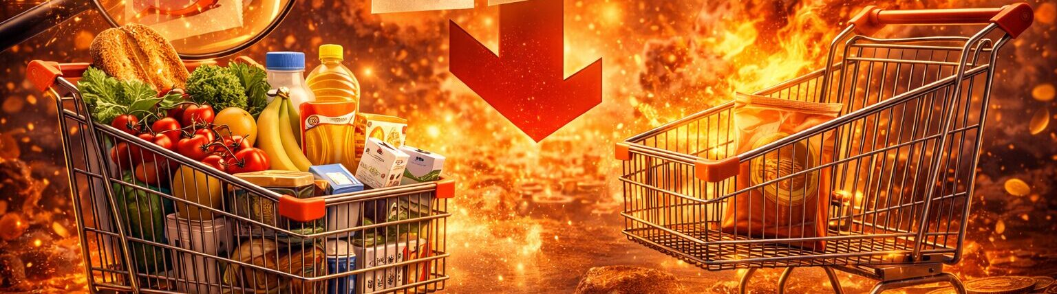 Ilustração mostrando dois carrinhos de supermercado, um cheio e outro quase vazio, com etiquetas de preços mais altos, seta apontando para baixo e moedas espalhadas ao fundo, simbolizando inflação e perda do poder de compra.