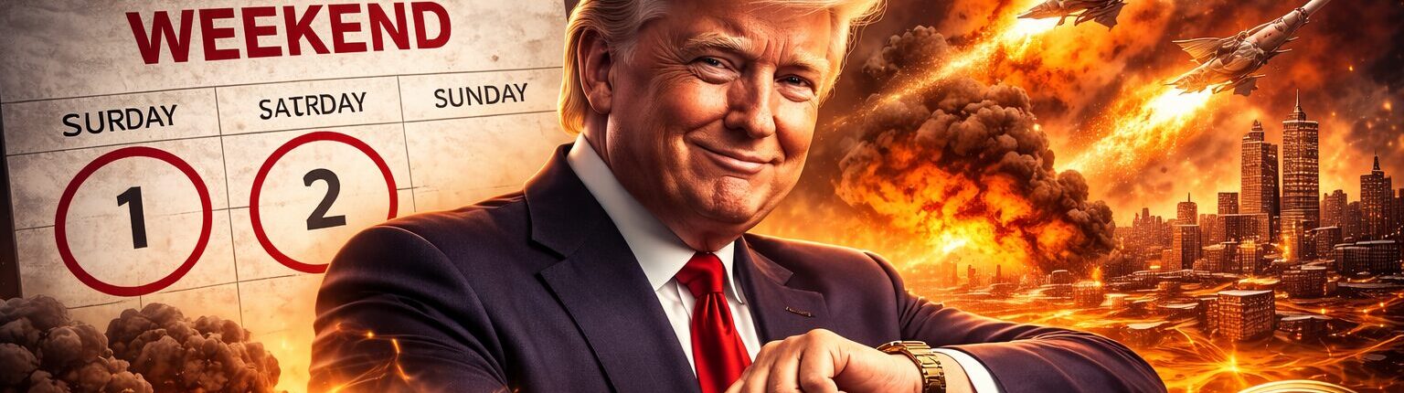 Ilustração geopolítica mostrando tensão entre Estados Unidos e Irã, com mísseis no céu, bandeiras dos dois países, explosões ao fundo e elementos do mercado financeiro como petróleo, ouro e gráfico de alta.