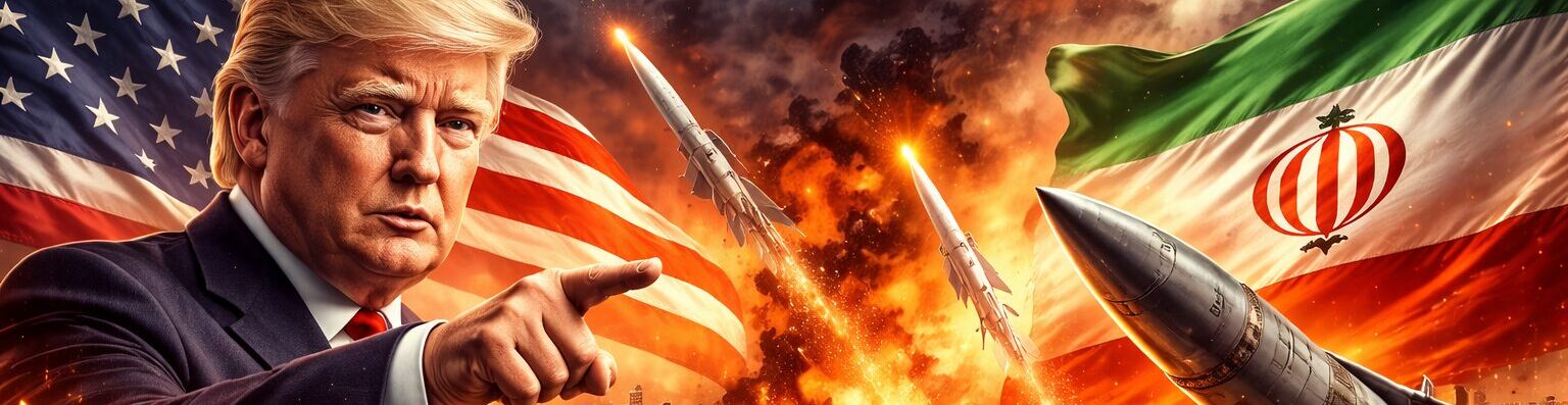 Ilustração geopolítica mostrando tensão entre Estados Unidos e Irã, com mísseis no céu, bandeiras dos dois países, explosões ao fundo e elementos do mercado financeiro como petróleo, ouro e gráfico de alta.