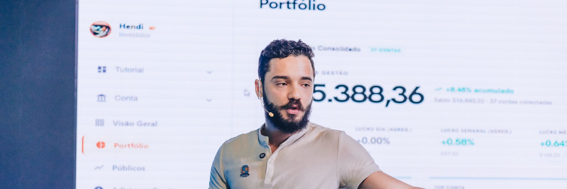 Hendi apresentando resultados de copy trade no Copy Trade Summit 2026